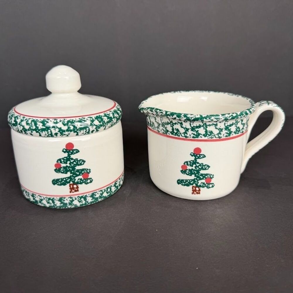 Vintage Furio by La Primula Italy Spongeware Christmas Tree Cream & Sugar Set